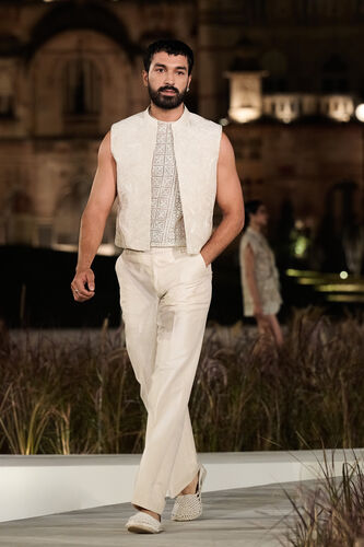 Fintan Embroidered Cord Silk Jacket Set - Ivory, Ivory, image 1